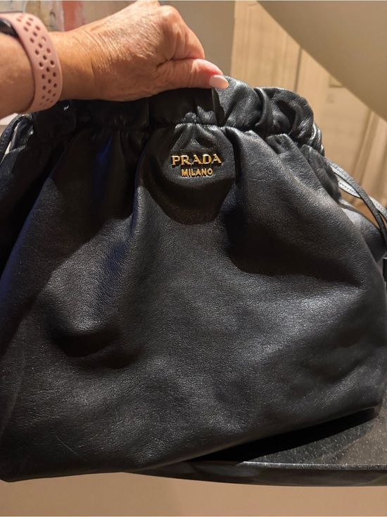Prada Handbags - Prada Nero Large Drawstring Leather Tote with Gold Logo